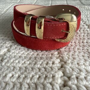 Red Suede Wide Waist Belt with Gold Buckle | Elegant Statement Accessory